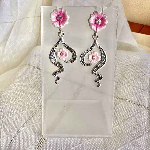 Art Nouveau Pink Floral Earrings with Swarovski Crystals by Uno Alla Volta - Picture 1 of 6